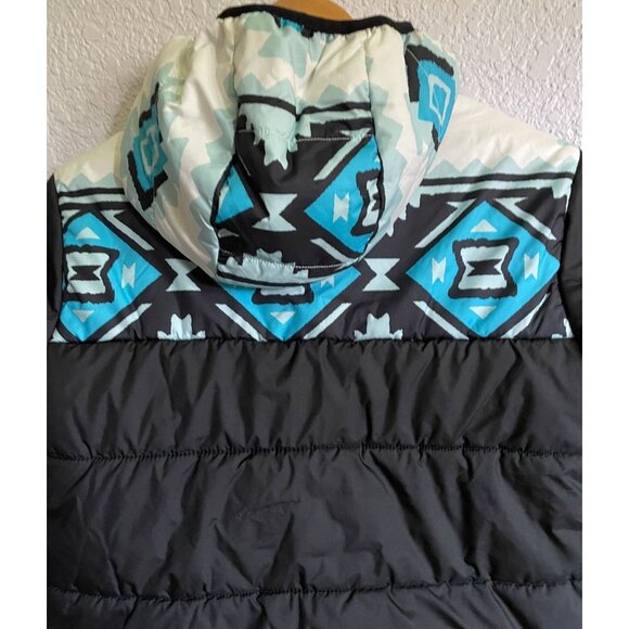 The North Face Kids Hooded Puffer Jacket Aztec Pattern Black & Blue Reversible - Picture 4 of 9